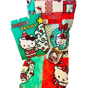 Hello Kitty Christmas Holiday Hugs bundle throw glass & spoon mug and 3 pack gft